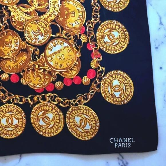 Authentic CHANEL Paris Silk Scarf – Gold Coin & Chain Print – Vintage 1990s –... - Picture 14 of 16